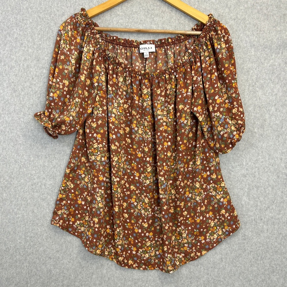 Gilli Large Brown Floral Blouse Off The Shoulder Puff Sleeve Top Autumn Earthy
